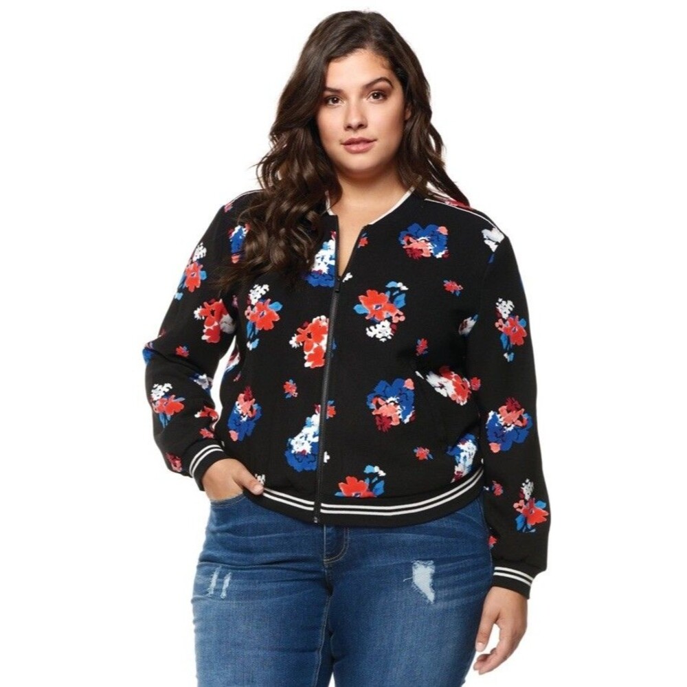Vince Camuto 3X Plus Size Floral Bomber Jacket Black Zip Front Women’s